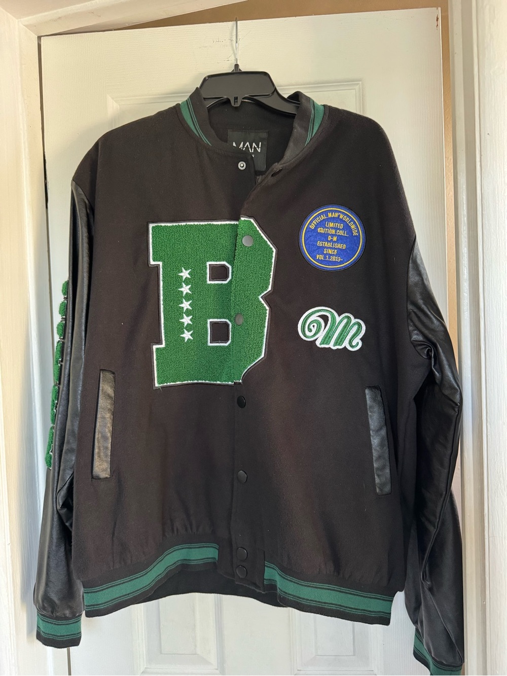 Boohoo Black and Green Varsity Bomber Jacket